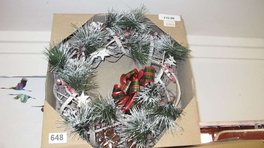 Lot 648: Contemporary Frosted Pine and Woven Twig Festive Wreath in Retail Packaging