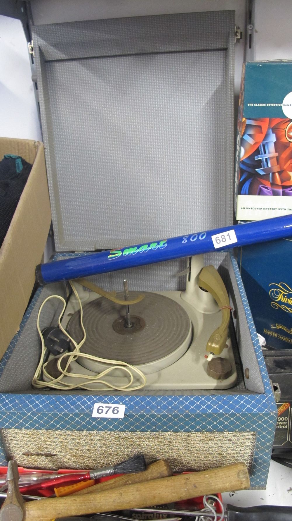 Lot 676: Mid-20th-Century Portable Record Player in Blue Patterned Rexine Case