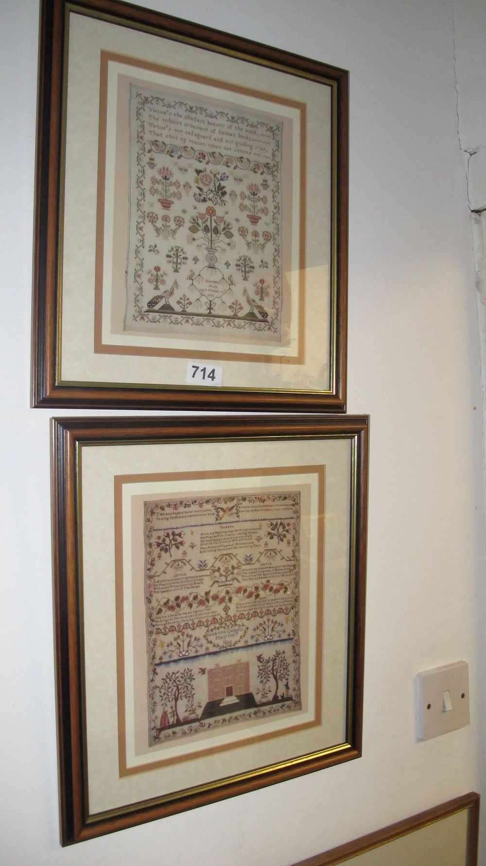 Lot 714: A Pair of Framed Antique Needlework Samplers Dated 1800 and 1814