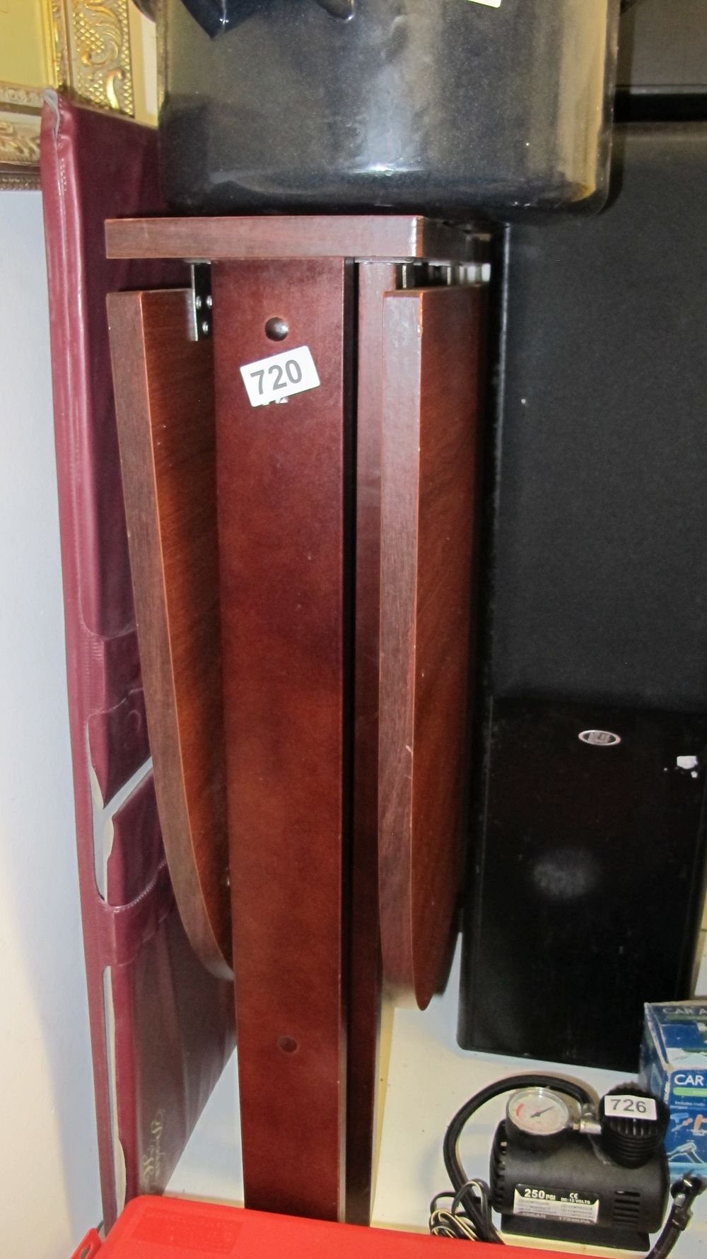 Lot 720: Contemporary Dark Wood Drop-Leaf Folding Table with Portable 12V Air Compressor