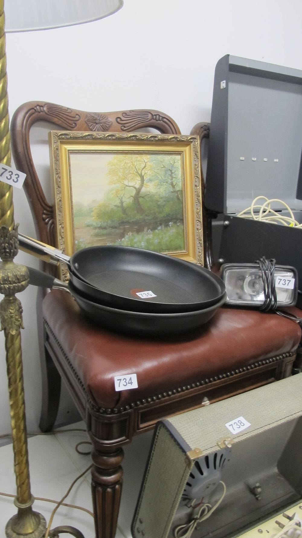 Lot 734: Carved Hardwood Armchair with Faux Leather Seat and Mixed Household Effects