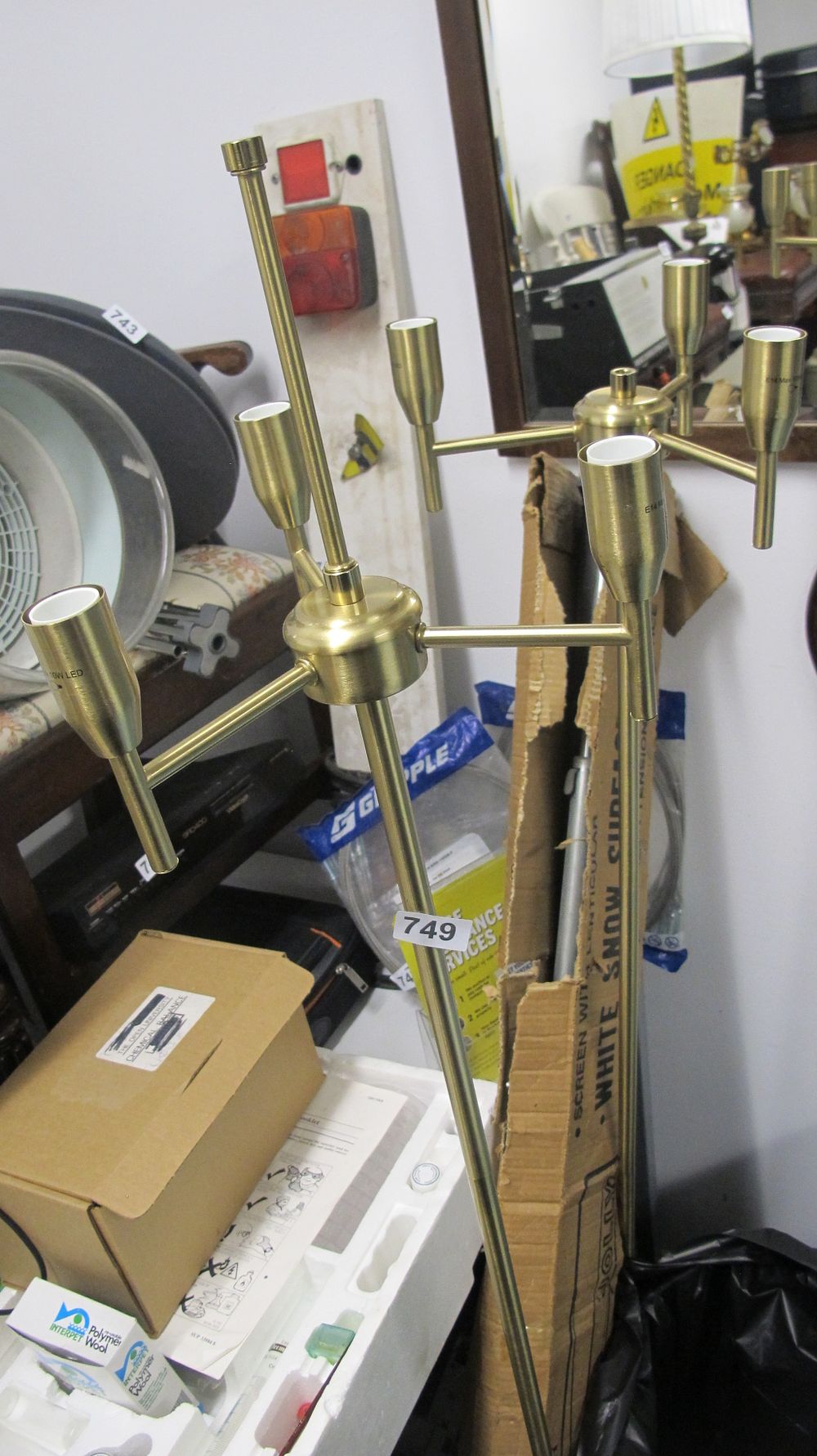 Lot 749: Contemporary Brushed Brass Multi-Arm Pendant Chandelier