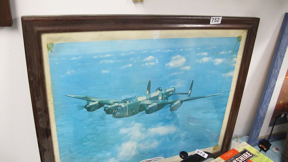 Lot 752: Framed Offset Lithograph of an RAF Avro Lancaster Bomber in Flight