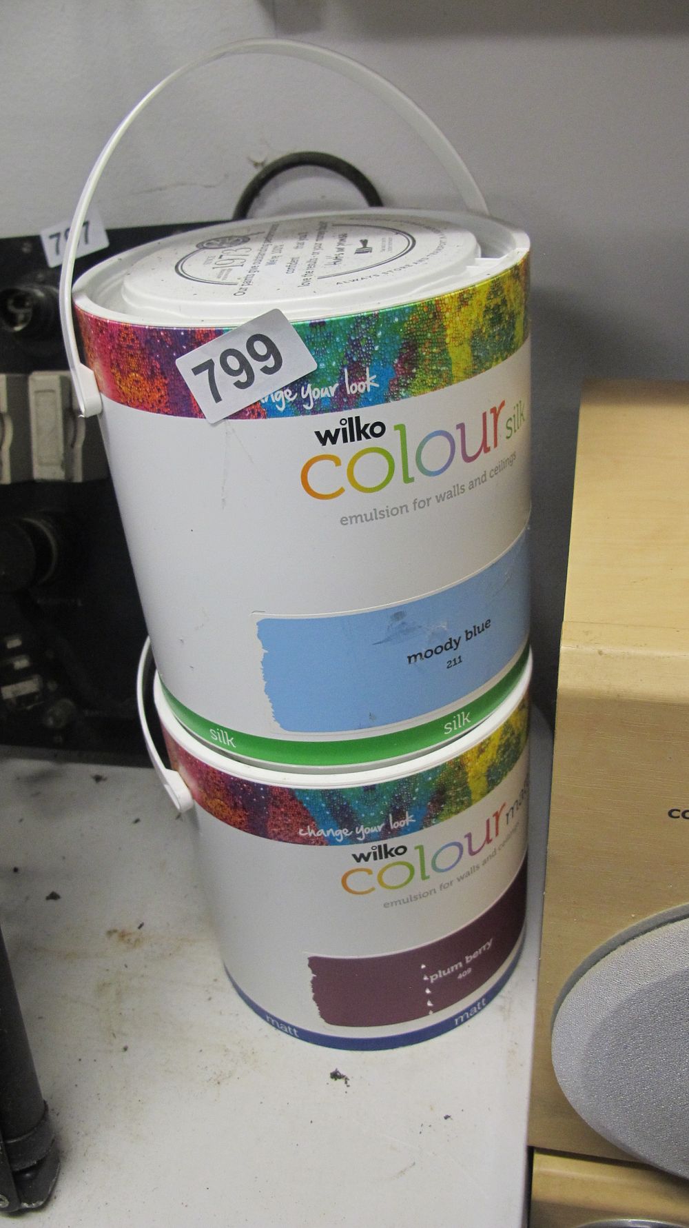 Lot 799: A Pair of Wilko Colour Emulsion Paint Tubs, Moody Blue and Plum Berry