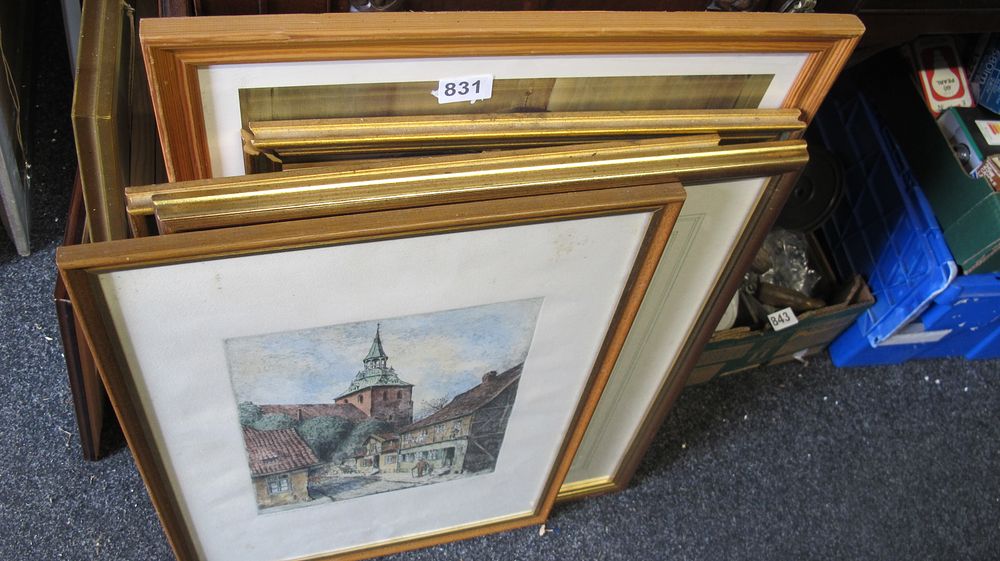 Lot 831: A Group of Framed Pictures Including a Hand Coloured Etching of Rothenburg ob der Tauber