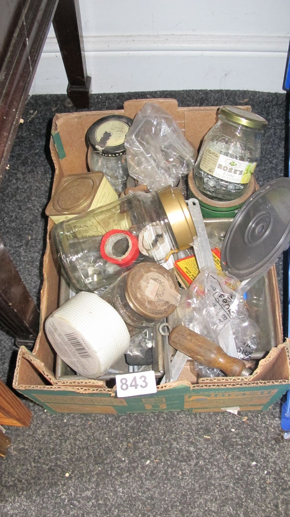 Lot 843: An Assortment of Vintage Domestic Glassware, Advertising Tins, and Workshop Sundries