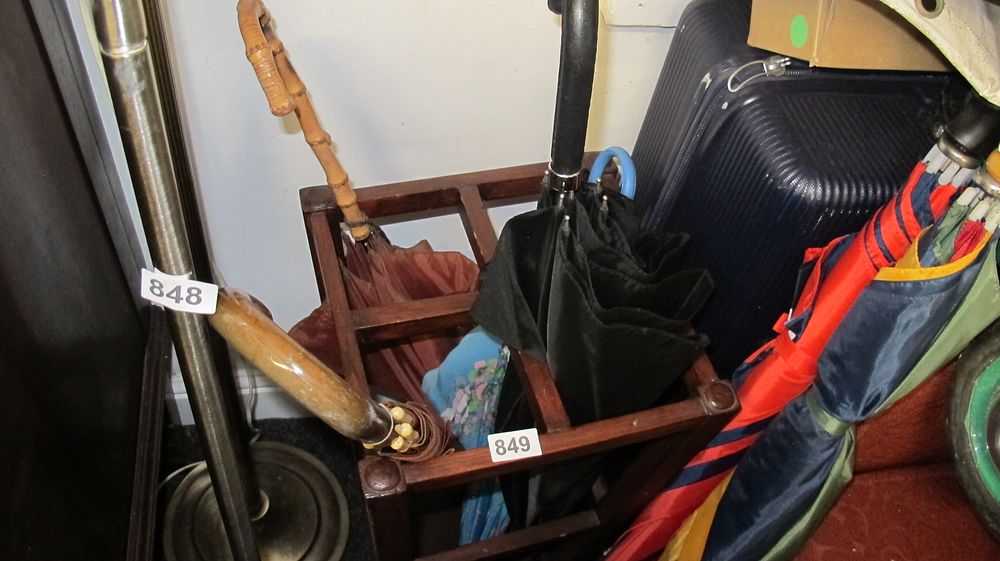 Lot 849: An Edwardian Style Stained Hardwood Hall Umbrella Stand and Assorted Umbrellas