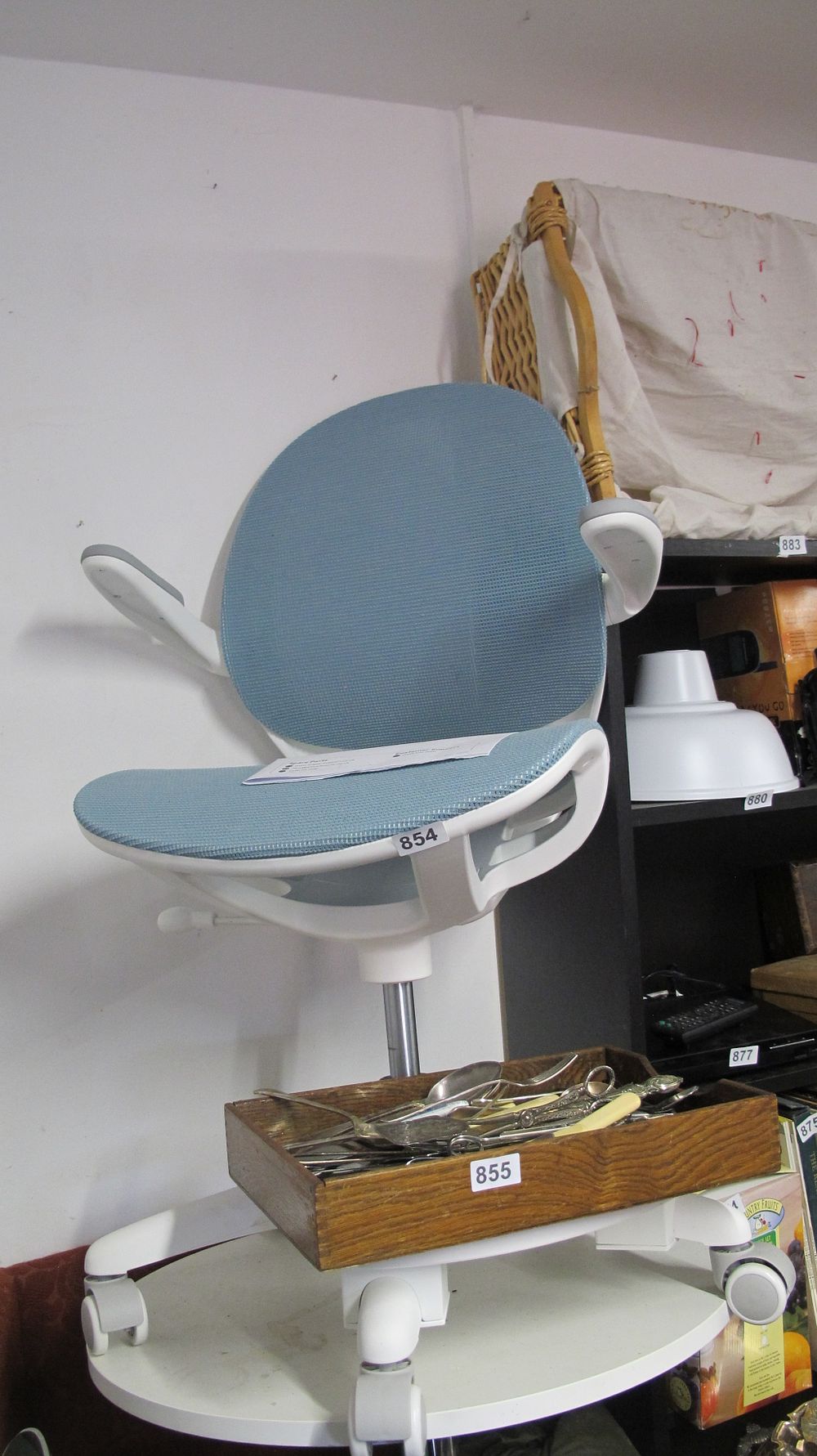 Lot 854: A Collection of Home and Office Items Including an Ergonomic Children's Desk Chair and Flatware