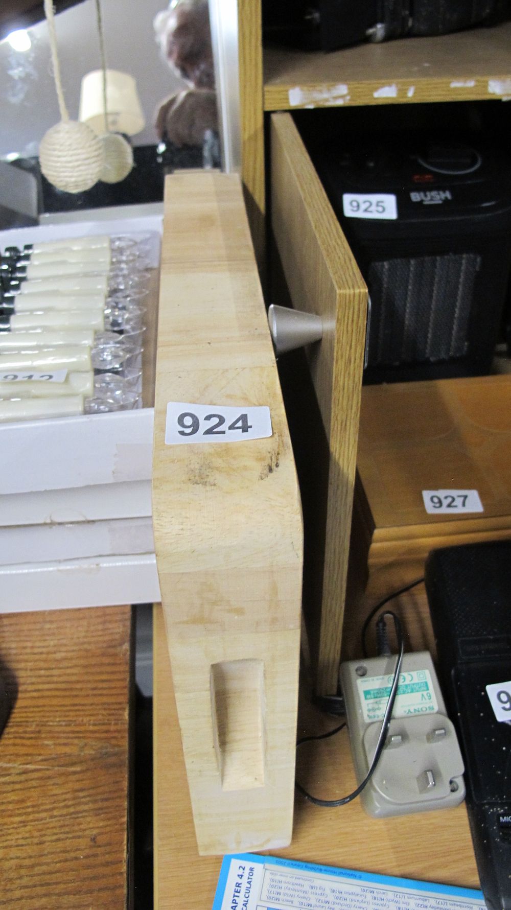 Lot 924: Large rectangular laminated wood butcher's block with integrated handles