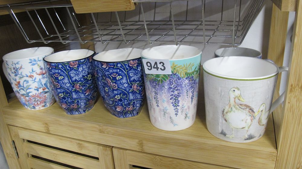 Lot 943: A Collection of Fine China Mugs in Various Floral and Animal Designs