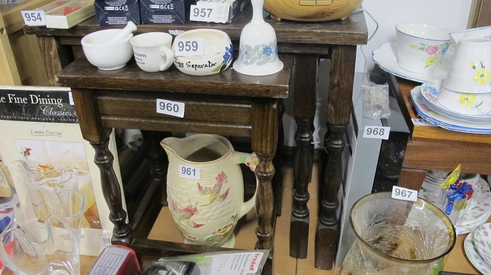 Lot 960: A Nest of Two Dark Stained Wood Side Tables and a Collection of Ceramic and Glass Tableware
