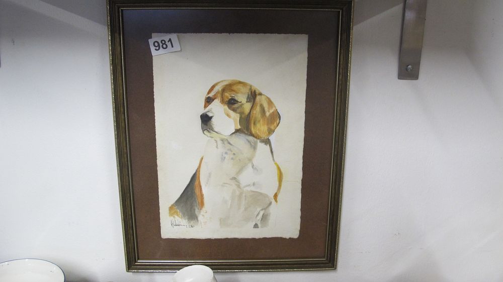 Lot 981: A. Hilder, Portrait of a Beagle, Watercolor on Paper, 1980