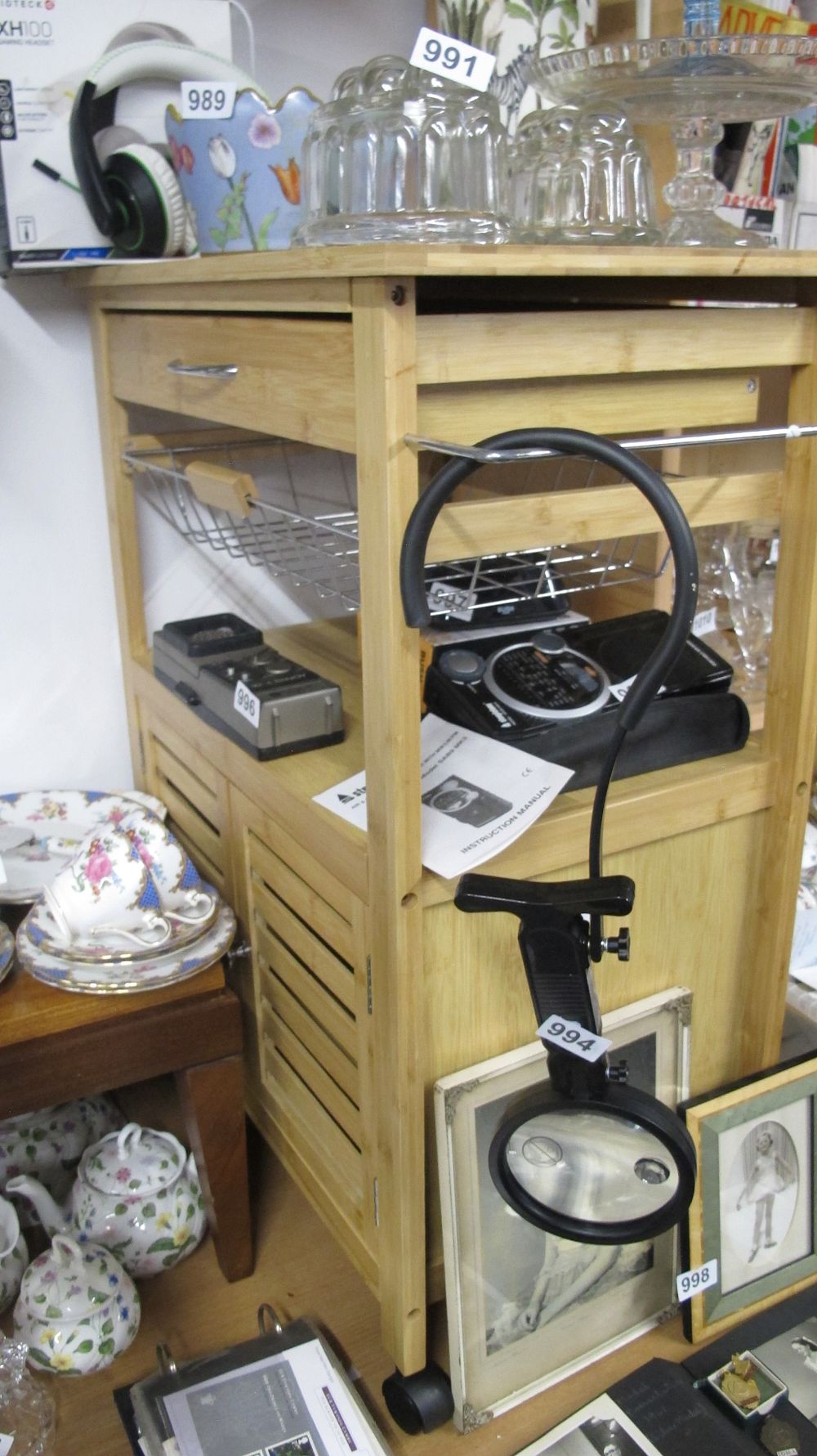 Lot 993: A Collection of Household Electronics and Kitchenware Featuring a Bamboo Utility Trolley