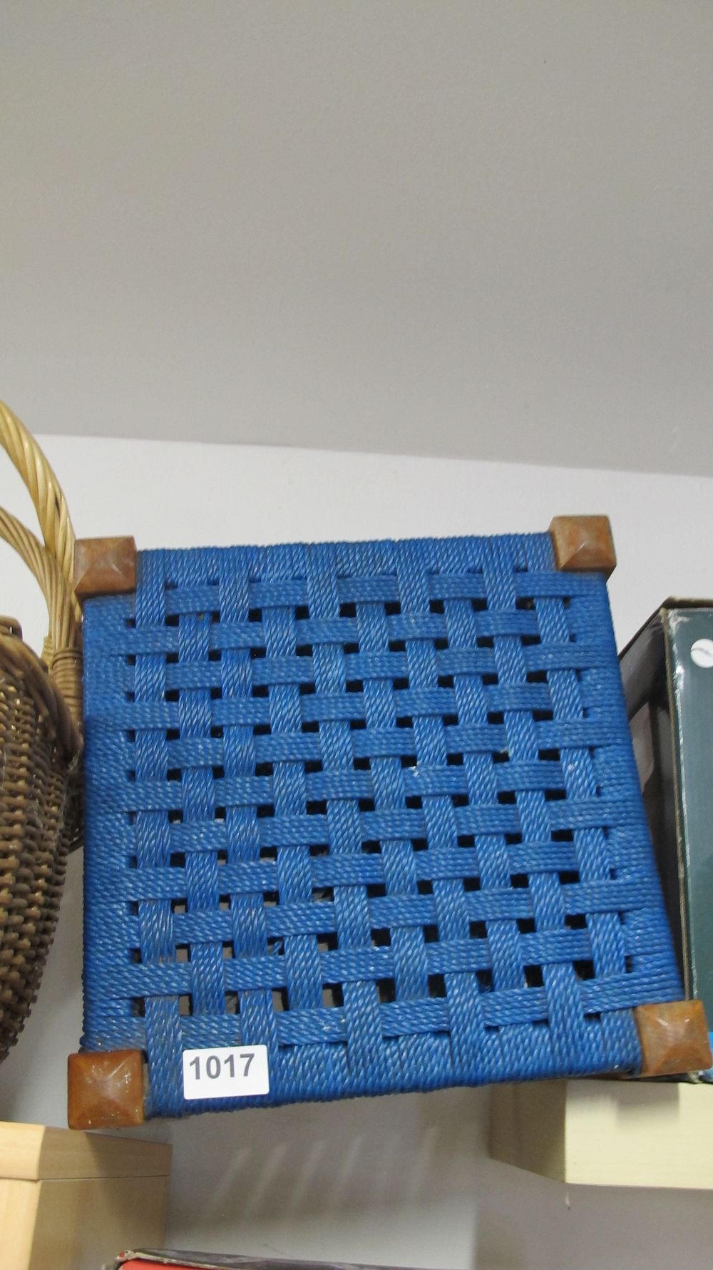 Lot 1017: Small Woven Stool with Blue Cord Seat