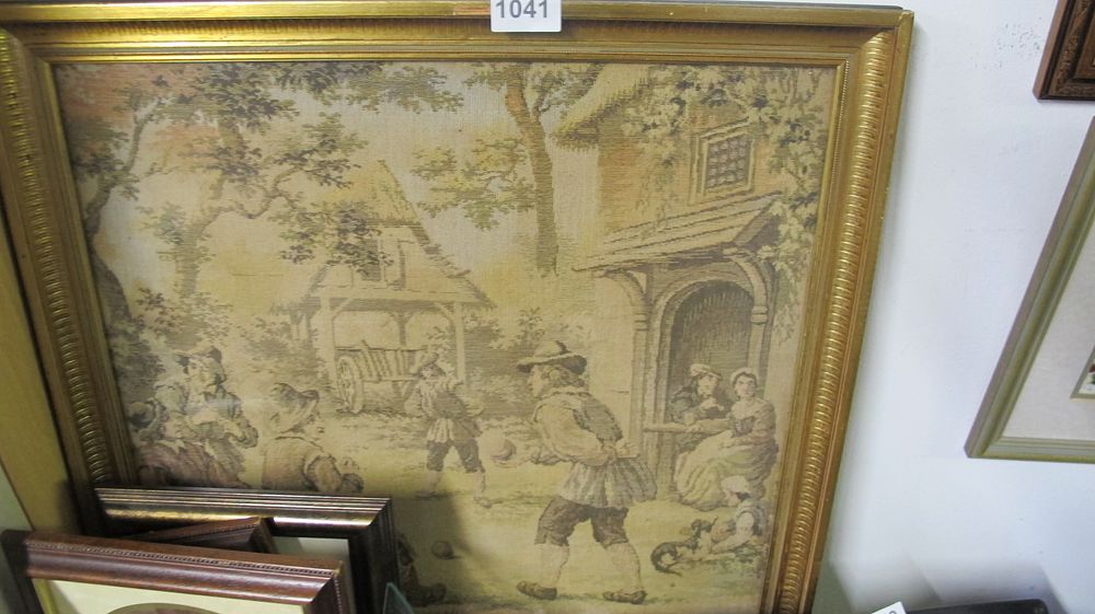 Lot 1041: Large Framed Machine Woven Tapestry Depicting a Village Lawn Bowling Scene