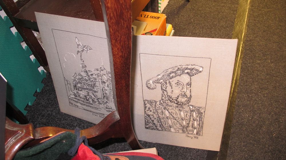 Lot 1064: Two Embroidered Thread Art Compositions Depicting the Shaftesbury Memorial Fountain and King Henry VIII