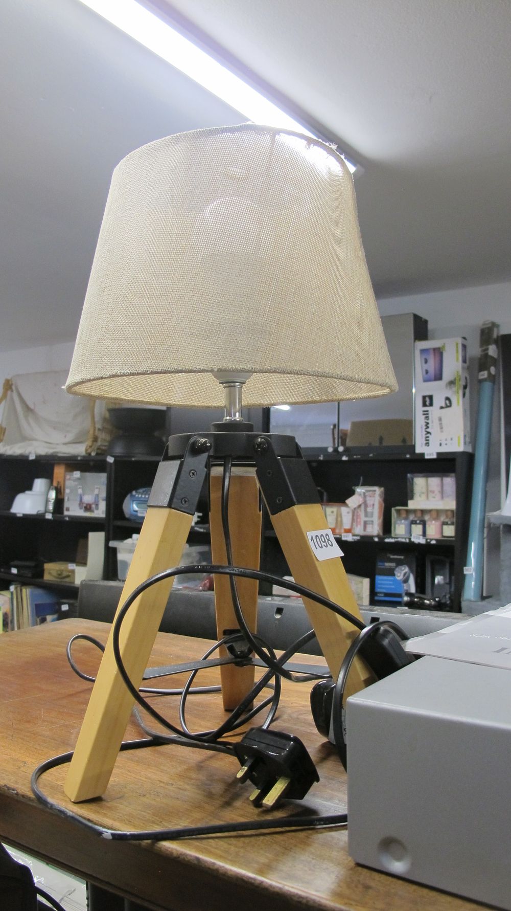 Lot 1098: Modern Tripod Table Lamp with Wooden Legs and Fabric Shade