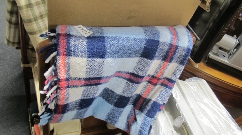 Lot 1107: Plaid Woven Fringed Blanket in Blue and Pink