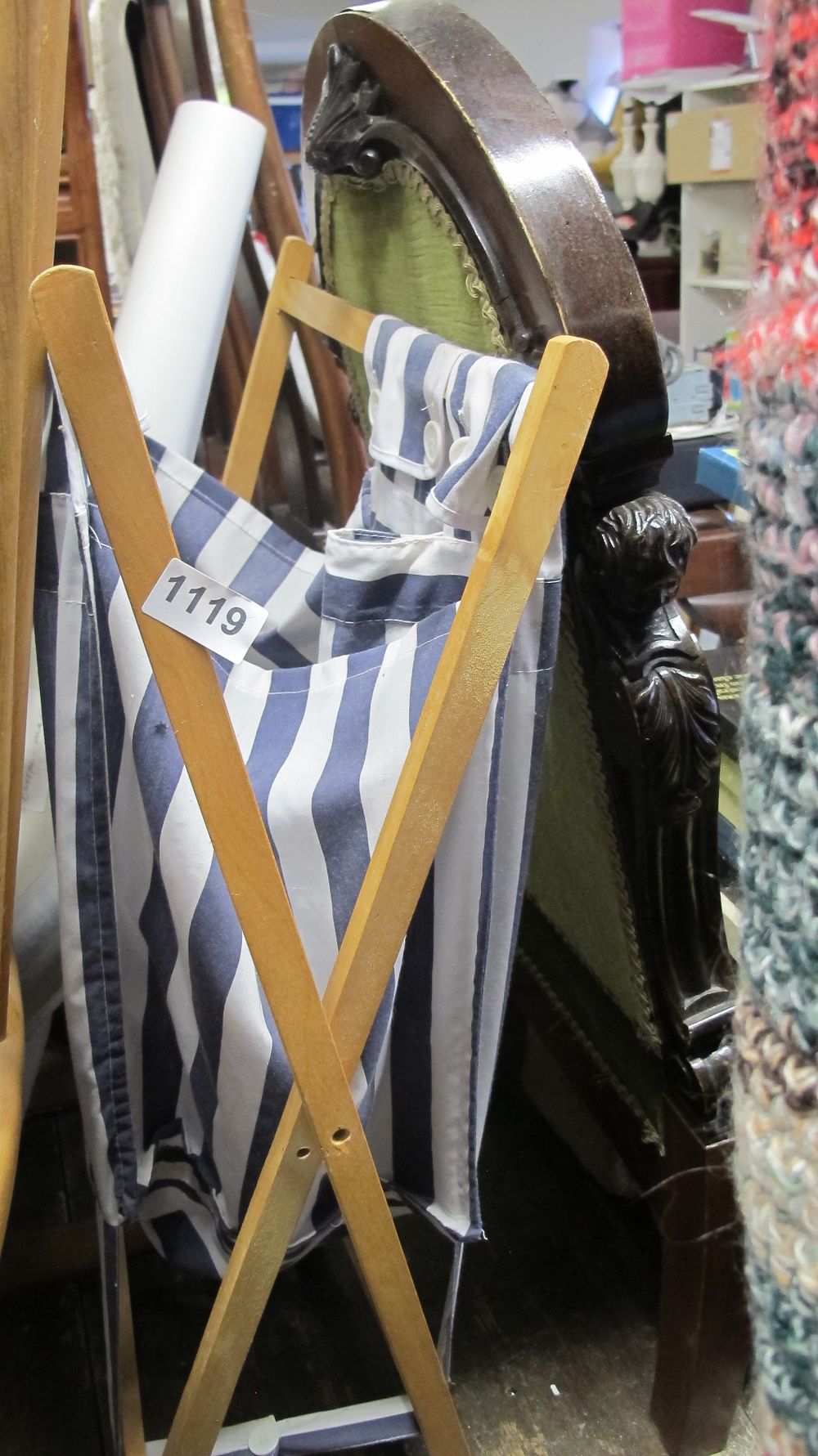 Lot 1119: Folding Wooden Laundry Basket with Blue and White Striped Fabric Liner