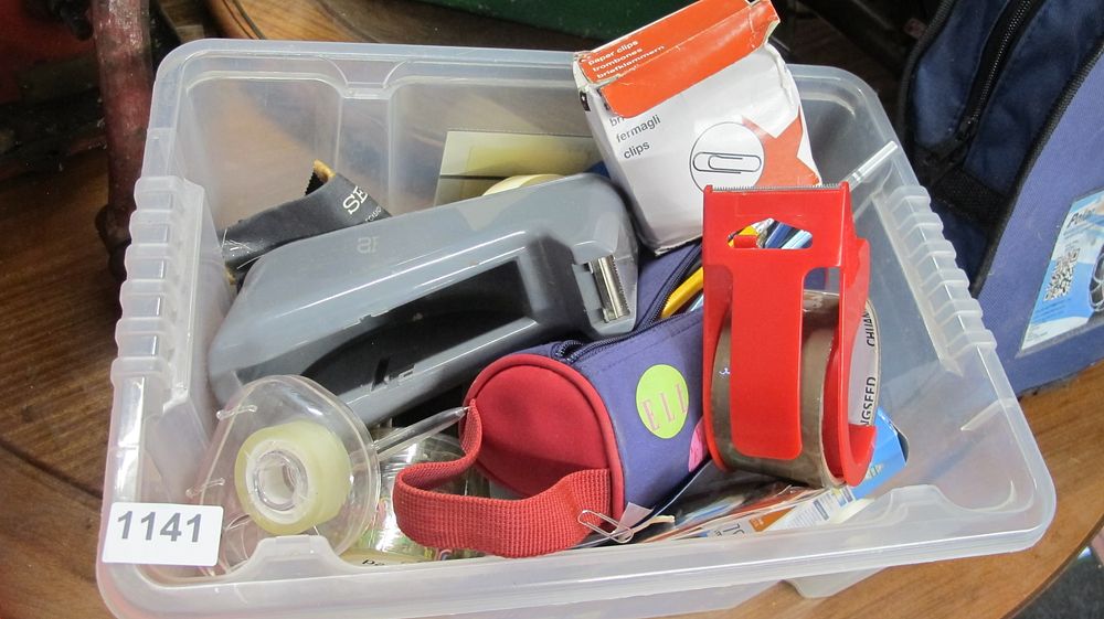 Lot 1141: A Collection of Stationery and Office Supplies in Plastic Bin
