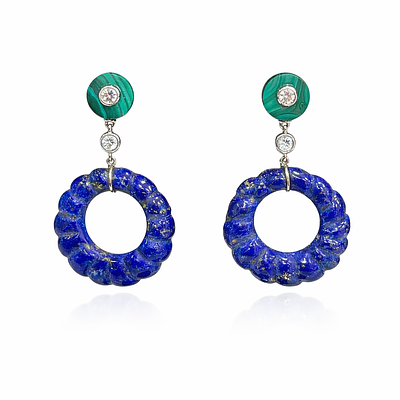 AFGHAN LAPIS LAZULI AND URAL MALACHITE EARRINGS. PAIR OF EARRINGS WITH AFGHAN LAPIS LAZULI IN 