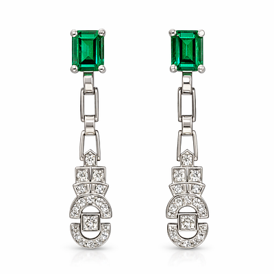 ART DECO EARRINGS WITH GREEN SPINELS AND DIAMOND. PAIR OF 18KT WHITE GOLD ART DECO EARRINGS 
