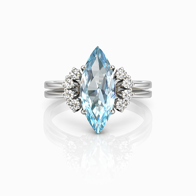 VINTAGE WHITE GOLD RING WITH TOPAZ. Vintage white gold ring with 8 modern cut diamonds of 