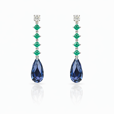 LONG EARRINGS WITH DIAMONDS, EMERALDS AND AMETHYSTS. White gold earrings with two diamonds 