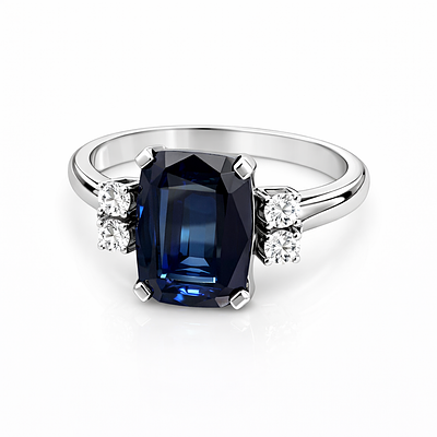 WHITE GOLD RING WITH BLUE GEM AND DIAMONDS. WHITE GOLD RING WITH 4 DIAMONDS AND AN UNANALYZED 
