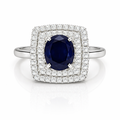 DOUBLE HALO RING OF DIAMONDS AND OVAL SAPPHIRE. WHITE GOLD RING WITH DOUBLE HALO OF 36 BRILLIANT 