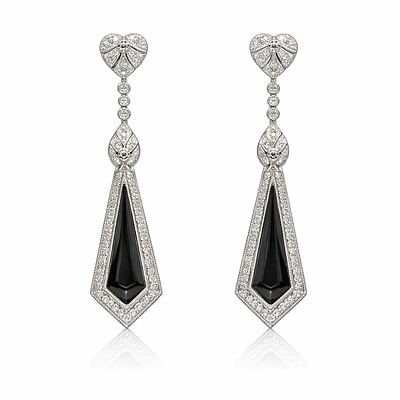 LONG ARTDECO EARRINGS WITH ONYX AND DIAMONDS. 18K WHITE GOLD EARRINGS, EACH EARRING WITH 1 