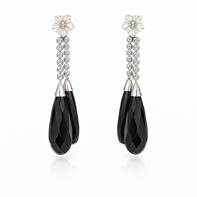 WHITE GOLD EARRINGS WITH ONYX, MOTHER-OF-PEARL AND DIAMONDS. PAIR OF LONG EARRINGS WITH JET AND 