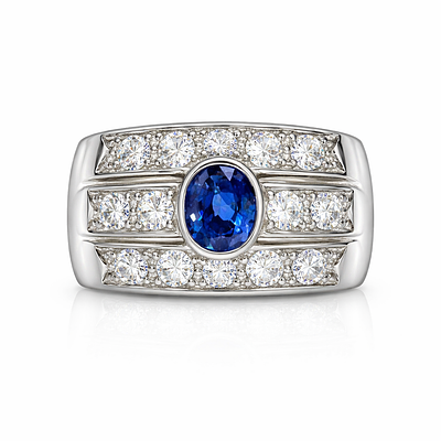 WIDE RING WITH TRIPLE ROW OF DIAMONDS AND SAPPHIRES. WHITE GOLD RING WITH 14 MODERN CUT DIAMONDS 