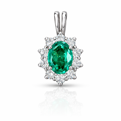 WHITE GOLD PENDANT WITH CENTRAL EMERALD AND HALO OF DIAMONDS. WHITE GOLD PENDANT with CENTRAL 