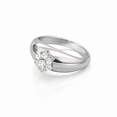 BOMB&Eacute; RING WITH DIAMOND ROSETTE. White gold Bomb&eacute; ring with rosette of 7 modern-cut diamonds 
