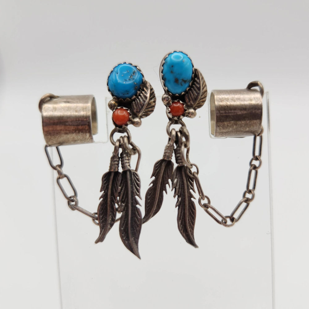Lot 162: Sterling Navajo Turquoise Cuff Earrings 3.6g