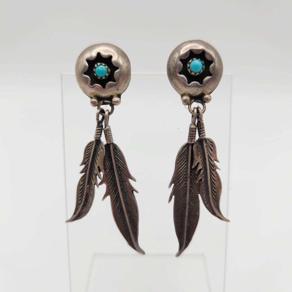 Lot 163: Sterling Navajo Turquoise ShadowBox Earrings 8.4g