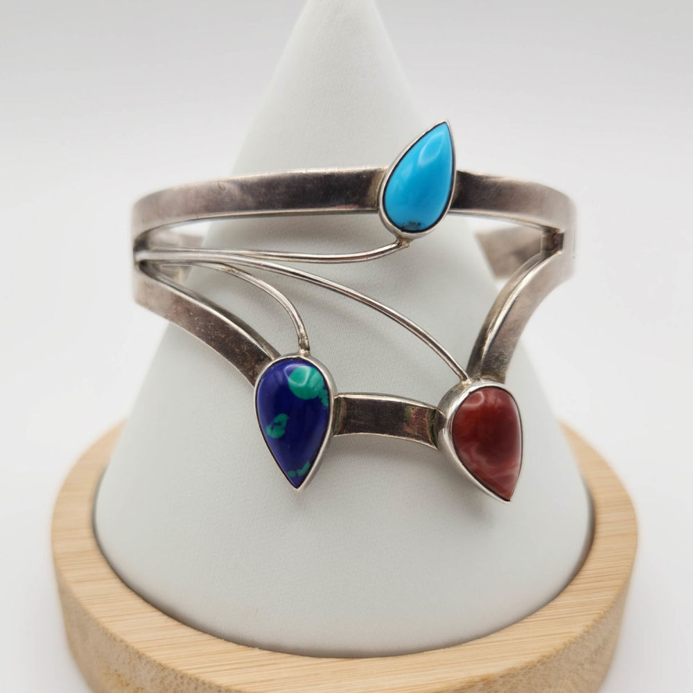 Lot 188: Mexico Sterling Multistone Hinge Bracelet 62.8g