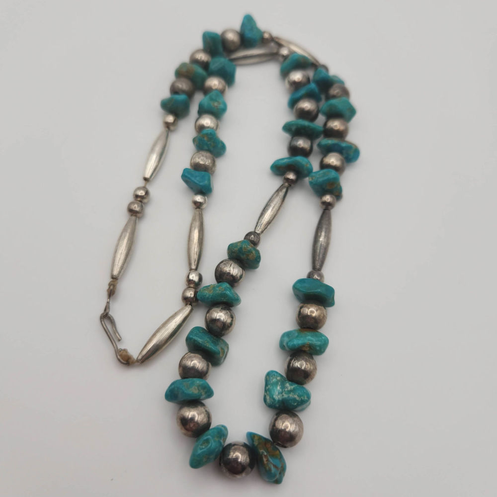Lot 203: Sterling Navajo Turquoise Chunk Necklace 50g