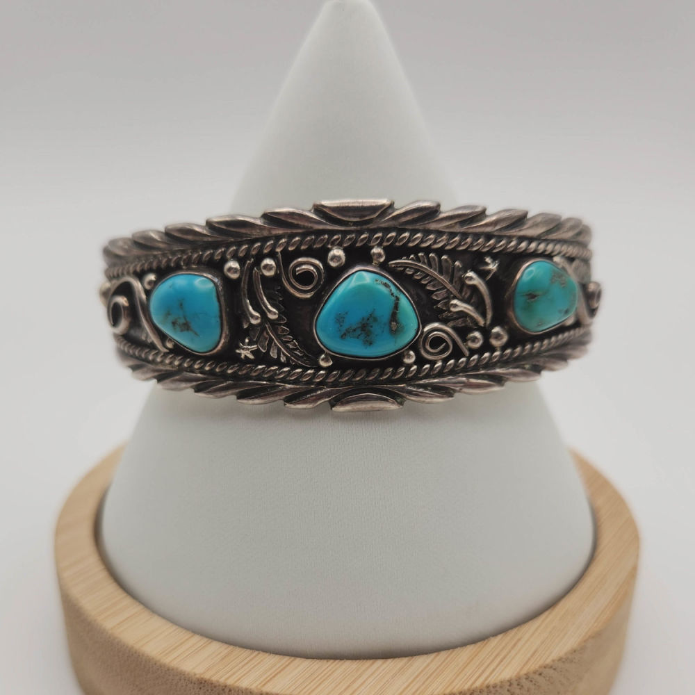 Lot 205: Sterling Navajo Turquoise Cuff Bracelet 53g