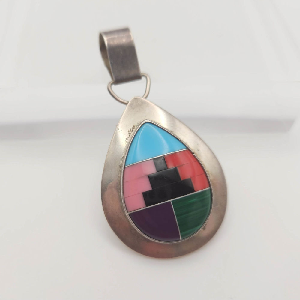 Lot 213: Zuni Sterling A.J. Inlay Pendant 6.5g
