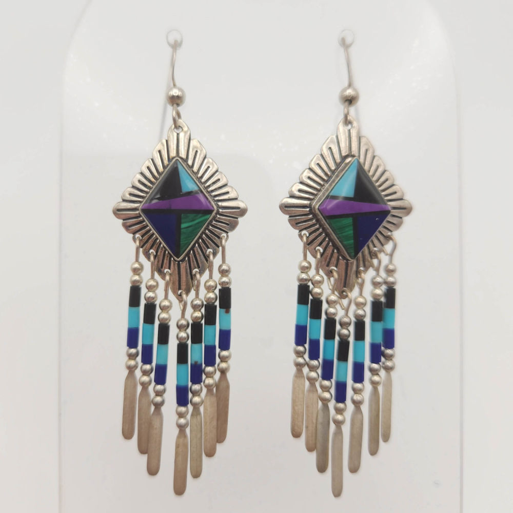 Lot 214: Quock Turquoise Sterling Inlay Earrings 7.4g