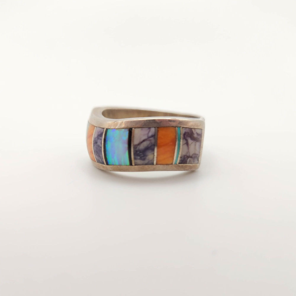Lot 225: Sterling Kenneth Bitsie Opal Inlay Ring 7.2g