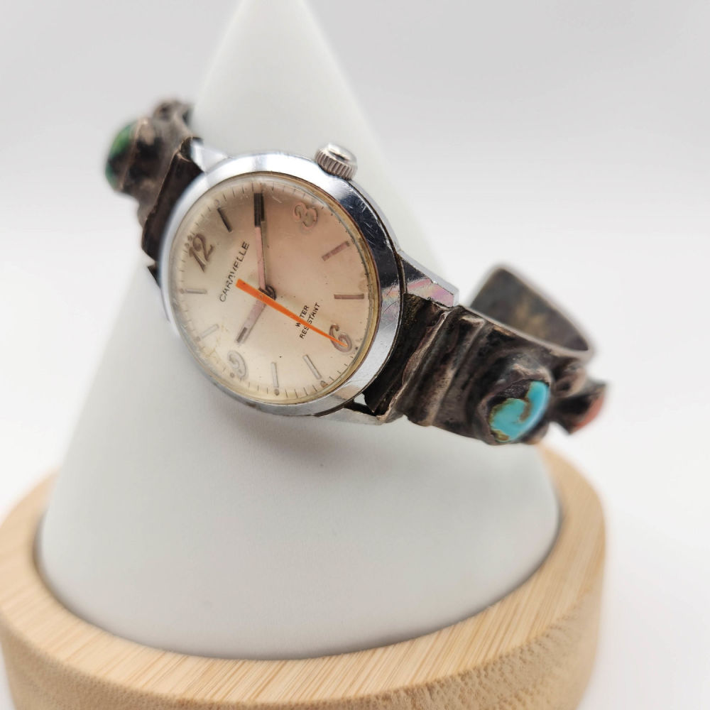 Lot 238: Sterling Navajo Turquoise Caravelle Watch 48g