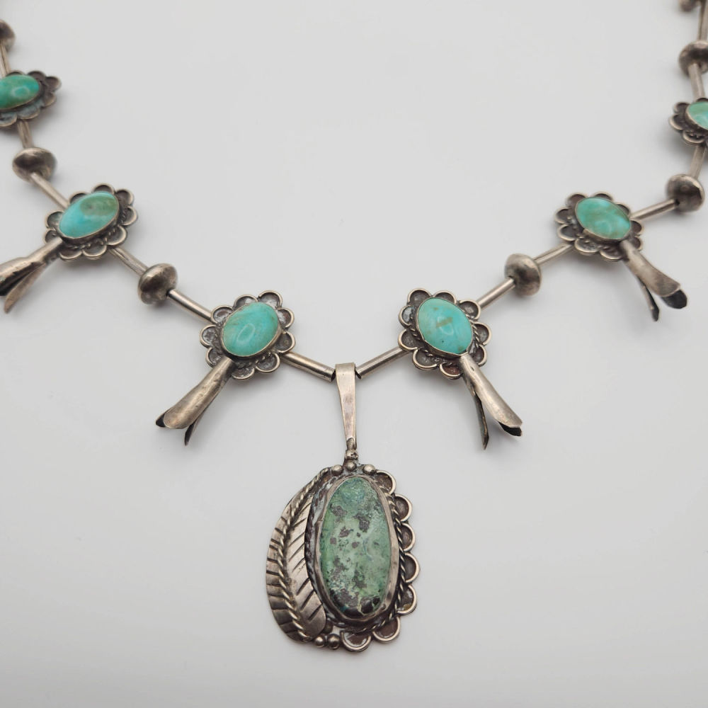 Lot 241: Sterling Navajo Turquoise Squash Blossom Necklace 95g