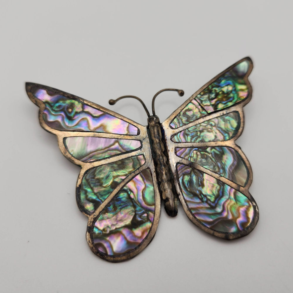 Lot 243: Sterling Taxco "RA" Abalone Butterfly Brooch 10g