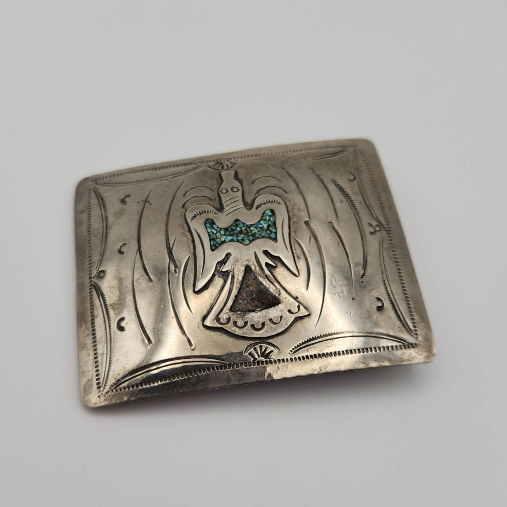 Lot 268: Sterling Coral/Turquoise Inlay Firebird Belt Buckle 26g