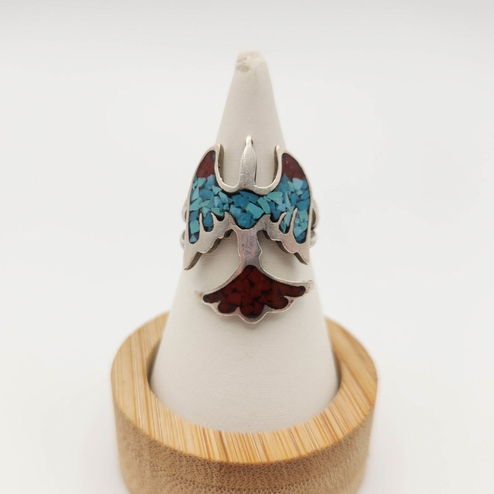 Lot 279: Sterling Coral/Turquoise Inlay Firebird Ring 3g Size 6
