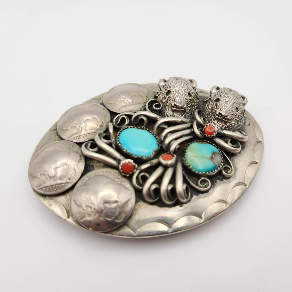 Lot 280: Sterling 3D Buffalo Head Turquoise Coral Buckle 115g