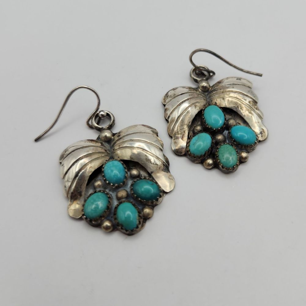Lot 306: Native Sterling Turquoise Squash Blossom Earrings 13.5g